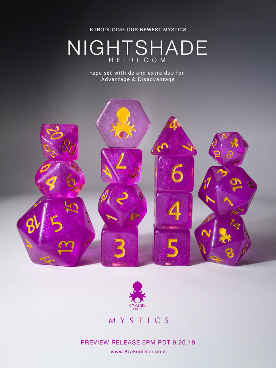 Nightshade: Heirloom 14pc Gold Ink Dice Set With Kraken Logo